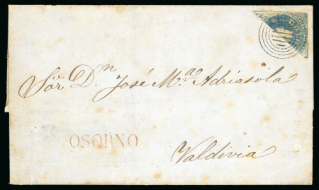 Stamp of Chile » Postal History 1858ca Cover from "Osorno" straight line in red hs bisect 10c pale-blue