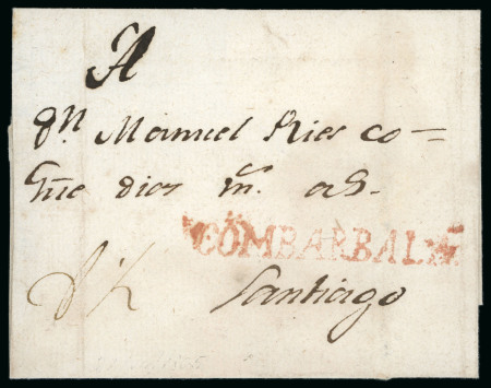 1805 (July 21) Cover "Combarbalá" red straight line hs on the reverse the "Santiago" straight line 