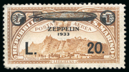 Stamp of Italy » San Marino 1933, Zeppelin, 20 l. su 1 l. bruno-giallo al posto del colore verde, non emesso, solo due esemplari conosciuti