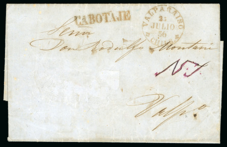 Stamp of Chile » Postal History 1856 (July 14) Cover sent to Valparaiso from Penco by sea, with fine "Cabotaje" hs 