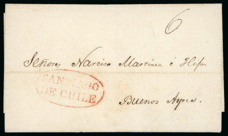 1849 (Dec 21) Cover to Buenos Aires, red oval "Santiago / De Chile" hs, rare postmark on mail sent abroad.