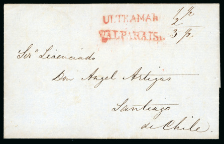 Stamp of Chile » Postal History 1835ca Cover sent to Santiago arriving by sea with red "Valparaiso" and "Ultramar"