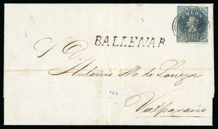 Stamp of Chile » Postal History 1856 (Oct 28) Cover from Ballenar to Valdivia franked with a 10c deep-blue good margins