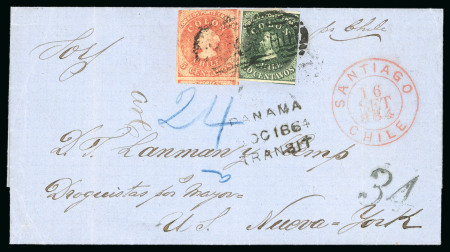 Stamp of Chile » Postal History 1864 (Sept 15) Cover sent to New York from Santiago franked 20c green large three margins and a 5c rose