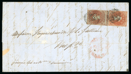 Stamp of Chile » Postal History 1857ca Cover sent to Valparaiso 5c brown-red on blued paperwith 5c brown-red printed on cream paper