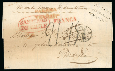Stamp of Chile » Postal History 1849 (Aug 28) Cover sent to Bordeaux from Santiago, with fine strike of the framed oval "Santiago / De Chile"