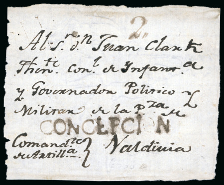 Stamp of Chile » Postal History 1800ca Cover front from Concepción to Valdiva addressed to Juan Clarke, Commander of Infantry and Political