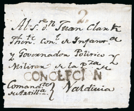 1800ca Cover front from Concepción to Valdiva addressed to Juan Clarke, Commander of Infantry and Political