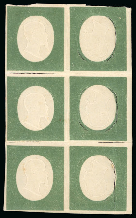 Stamp of Italian States » Sardinia 1854-55, 5 c. verde oliva, non emesso, blocco verticale di sei con effigi capovolte a destra