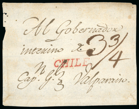 Stamp of Chile » Postal History 1805ca Cover front to Valparasio from Santiago, addressed to Acting Governor of Valparaiso", charged at "3 3/4"