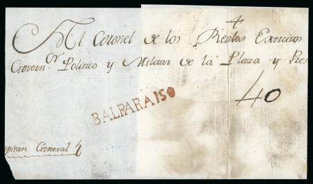 1790ca Cover sent to Valdivia from Valparaiso, charged at "40" reales which was for items up to 10 ounces