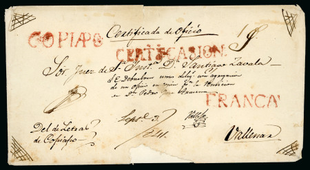 Stamp of Chile » Postal History 1841 (Sept 3) Registered cover sent to Vallenar from Copiapó  only six or seven recorded. 