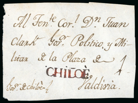 Stamp of Chile » Postal History 1800ca (Mar 26) Cover front sent to Valdivia from C, addressed to Lieutenant Juan Clark