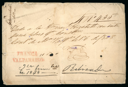 1848ca Cover from Italy sent to Valparaiso, without departure date, with a manuscript note in Italian 