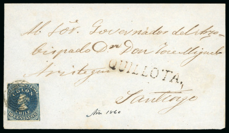 Stamp of Chile » Postal History 1858 Cover front sent to Santiago fro Quillota franked with 10c deep-blue with "Quillota" straight line
