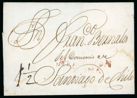 Stamp of Chile » Postal History 1810ca Cover (reduced) sent to Santiago, from Lima, Peru, addressed to Juan Bernales