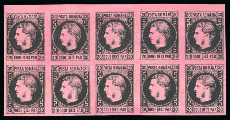 Stamp of Romania » 1866-67 Prince Carol I - Coloured Papers 1866 20par black on rose thick paper, the superb and fresh mint block of ten, with full original gum