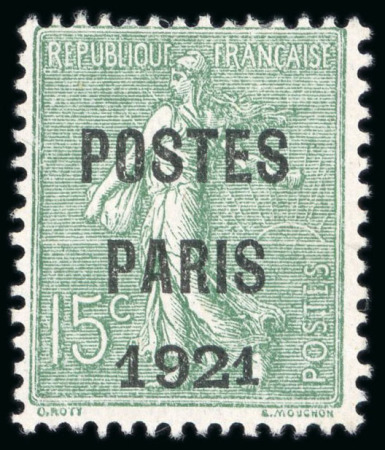 1921, Type Semeuse lignée 15 centimes vert olive surchargé