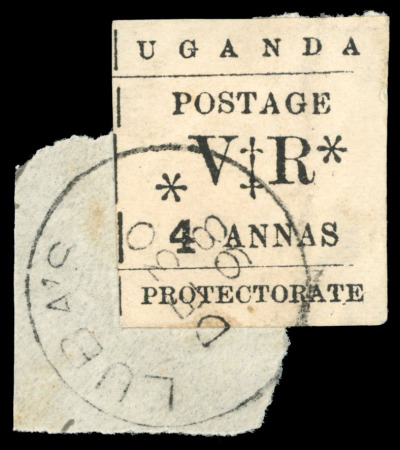Stamp of Uganda Luba's: 1896 (Nov) 4a tied to small piece by nearly