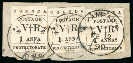 Kampala: 1896 (Nov) 1a with thick "1" (2nd printing), two examples, plus 4a, all tied to small piece by KAMPALA ds
