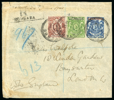 Entebbe: 1902 (May 22) Envelope sent registered to England with 1898-1902 2a and 1902 1/2a and 2 1/2a mixed issue franking