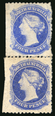 Stamp of Australia » South Australia 1868-79 3d on 4d deep ultramarine with surcharge omitted error in rejoined unused vertical pair