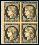 1849, Bloc de 4 Cérès 20 centimes noir sur jaune