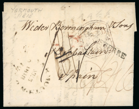 1818 Entire from Yarmouth (Isle of Wight) to San Sebastian, Spain, missent to France