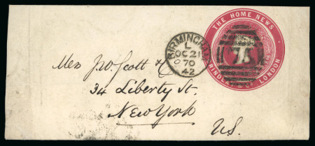 Stamp of Great Britain » Hand Illustrated and Printed Envelopes 1870 (Oct 21) 3d red (die 22/65) private postal stationery wrapper with rare advertising ring "The Home News / Grindlay-London"