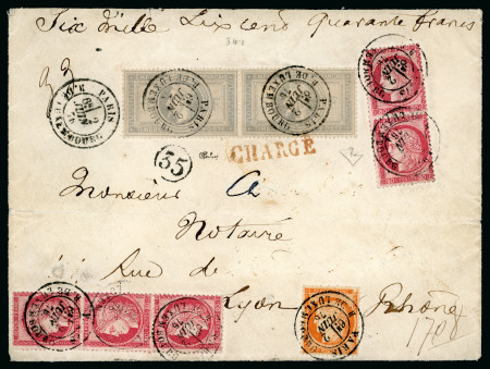1876, Lettre chargée à 6'640 francs  pour Lyon affranchissement