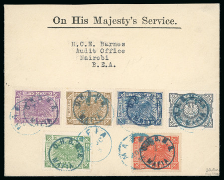 1915 (Oct 20) O.H.M.S. envelope with set of six 1915 (Sep) German East Africa fiscal stamps with "O.H.B.M.S. / MAFIA" in circle