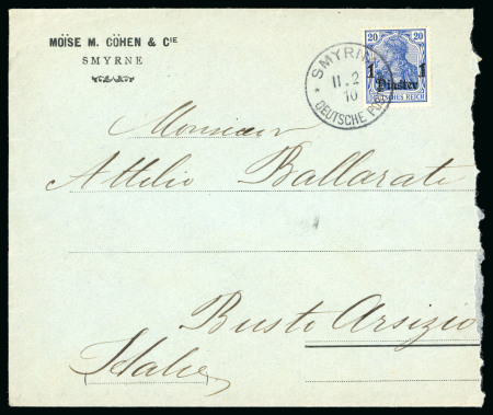 Stamp of Germany » German Foreign Offices » German Post in Turkey 1910 (Feb 2) Commercial envelope to Milan with 1pi on 20pf tied by Smyrna cds, the rare type