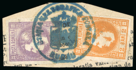 Stamp of Romania » 1868-70 Prince Carol I - New Currency 1868 2b and 3b tied to fragment of telegraph form by complete "STATIA TELEGRAFICA POSTALA BUDAU" in blue