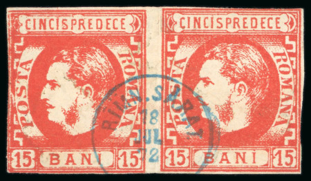 1869 15b pair, just cut into in places, neatly cancelled by the rare telegraph post "RIMN SARAT" thimble cds