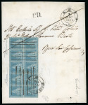 1851, 2 cr. azzurro su grigio, eccezionale blocco orizzontale di 10, margini completi o prevalentemente ampi, appena sfiorato a sinistra, su grande lettera 