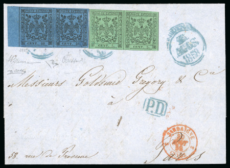 1852-54, 5 c. verde con punto, coppia orizzontale, 40 c. azzurro scuro, rara coppia orizzontale con il primo esemplare senza ed il secondo con il punto dopo le cifre,  su lettera per Parigi