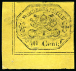 1867, 40 c. giallo, esemplare eccezionale angolo di foglio, 