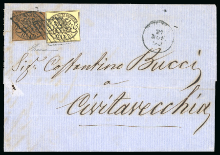 1852, 3 b., due esemplari, uno in bruno cuoi ed uno in giallo cromo grigiastro, gran parte di filetti di separazione, su lettera