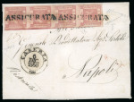 1859, 1 gr. rosa carminio, II tavola, striscia verticale di quattro, su lettera assicurata da Caserta per Napoli, eccezionalmente annullata con bollo "ASSICURATA" di località diversa da Napoli, indirizzata al "Generale 