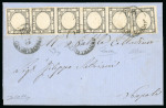 1861, 1 gr. nero, striscia orizzontale di cinque e singolo, su lettera