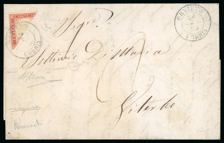 1861, 40 c. rosa chiaro, splendido esemplare con margini ampi, frazionato a metà in diagonale per il porto di 20 c. su lettera 