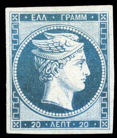 Stamp of Greece » Large Hermes Heads » 1861 Barre proofs 20L Blue on thin bluish paper, regummed, good even
