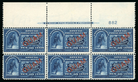 1899 Special Delivery 10c blue showing dots in curved frame above messenger's head variety, in mint nh top plate block