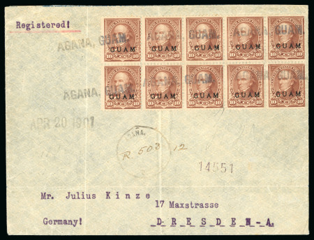 Stamp of United States » U.S. Possessions » Guam 1901 (Apr 20). Envelope sent registered from Agana to Germany, with 1899 10c block of ten tied by straight-line "AGANA, GUAM" hs