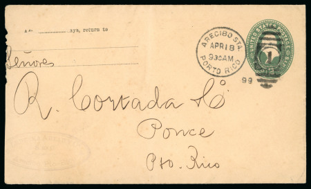 Stamp of United States » U.S. Possessions » Puerto Rico (US) » US Military Stations 1899 (April 18). 2c stationery envelope tied by "ARECIBO STA./PORTO RICO/1" duplex cancel