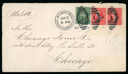 1899 (June 2). Cover to Chicago bearing Puerto Rico 1899 1c and 2c se-tenant pair, pos. 45-46, overprint "U" in "Portu"
