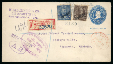 1900 (Nov 15). Registered 5c stationery envelope from San Francisco to Plymouth (England), uprated with 1899 5c & 8c 