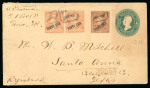 1899 Registered 4c stationery envelope to Texas uprated by 2c marginal pair with overprint at 25 degree angle, and 10c