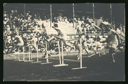 1912 Stockholm group of 17 postcards incl. real photo pc of the men's 110m hurdles