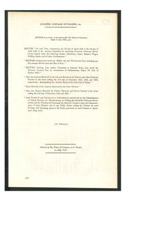 Stamp of Great Britain » Postal Notices 1856 (July 24) Stamped Postage Envelopes printed document of nine pages, printed by order of the House of Commons,